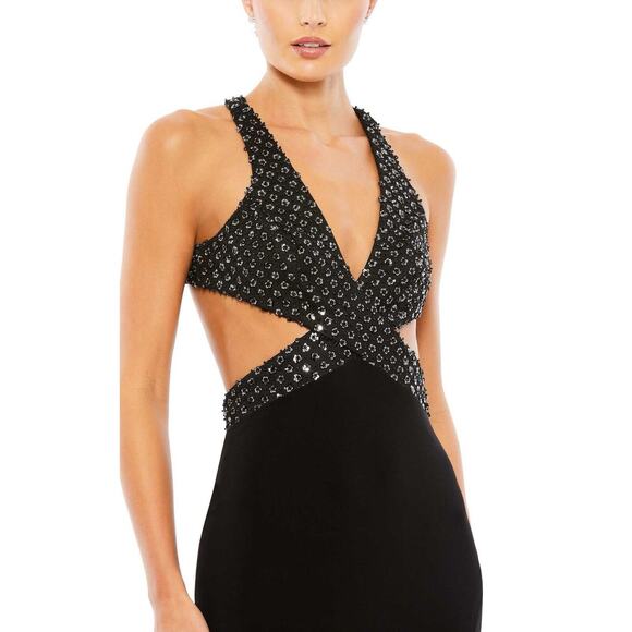 Mac Duggal NWT Floral Sequined Criss Cross Bodice Gown Size 8 Black Cutout - Picture 6 of 16